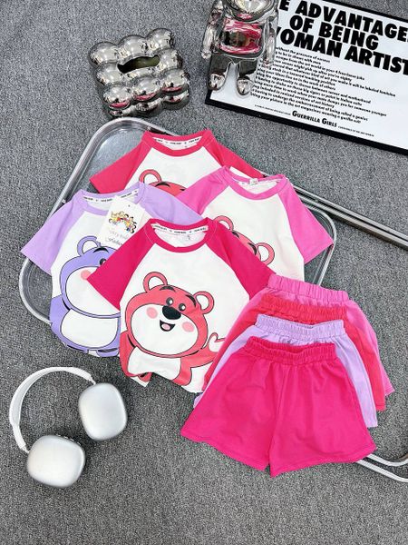  [6-8kg; 9-10kg; 12-13kg] Set Đồ Bộ Thun Ngắn Gấu Dâu Bé Gái - Hồng Đậm Gấu 