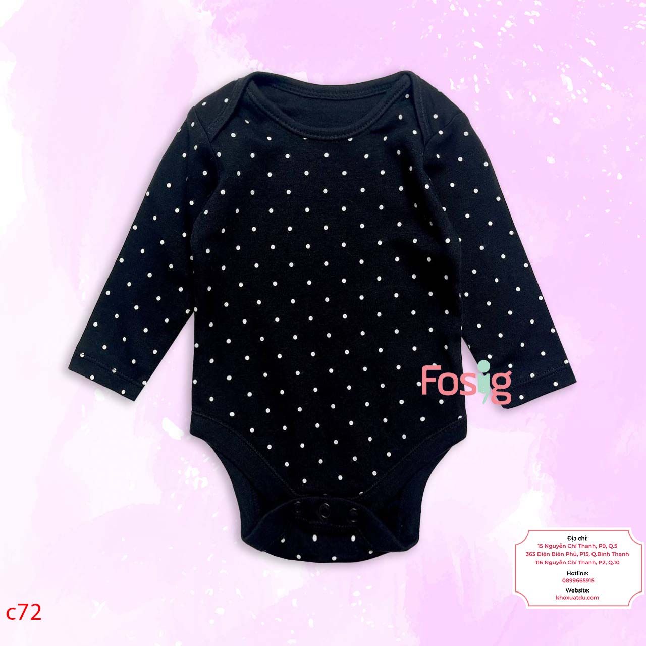  [3-6m] Bodysuit Tay Dài Bé Gái Geo - Đen Chấm Trắng 