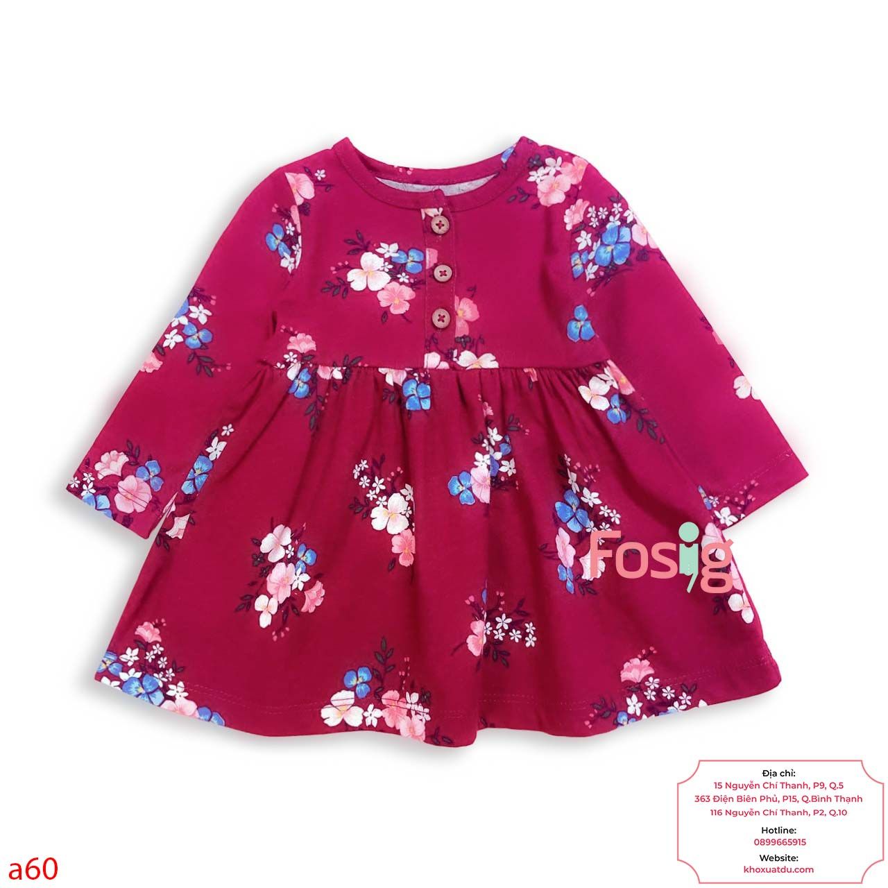  [0-12M] Đầm Cotton Tay Dài Bé Gái Cter - Đỏ Hoa Hồng Xanh 