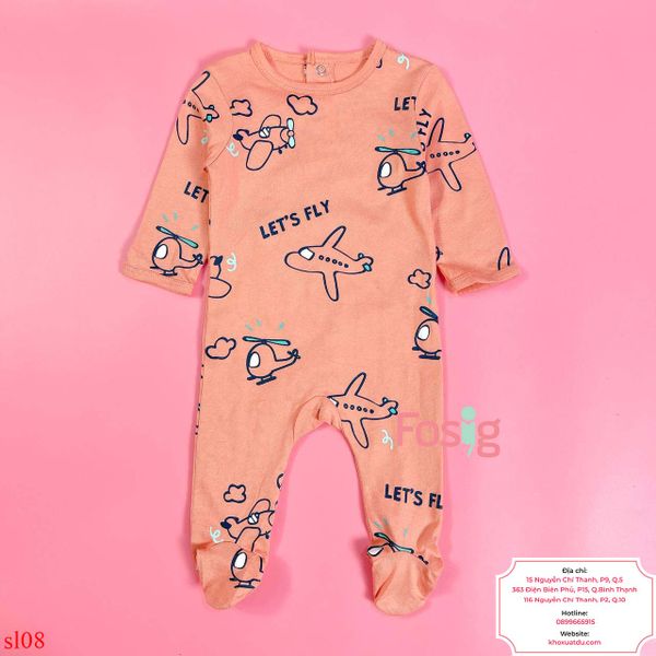  [0-6m; 14-15kg] Sleepsuit Cúc Bấm Có Vớ KB Bé gái- Cam Máy Bay 