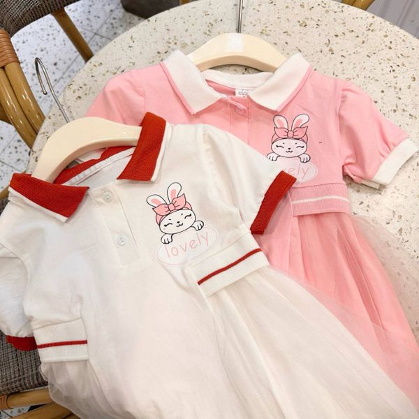  [7-10kg 16-18kg] Đầm Polo Thu Phối Voan Bé Gái - Trắng Thỏ 