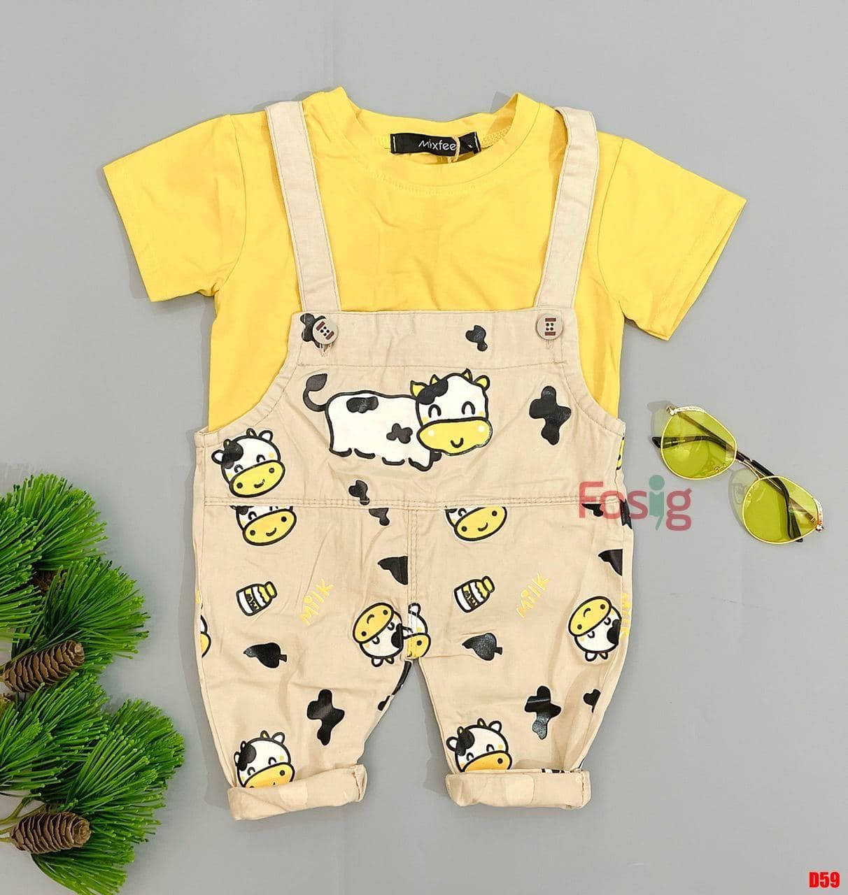 Set Quần Yếm Áo Thun Bé Trai - Vàng Bò Sữa