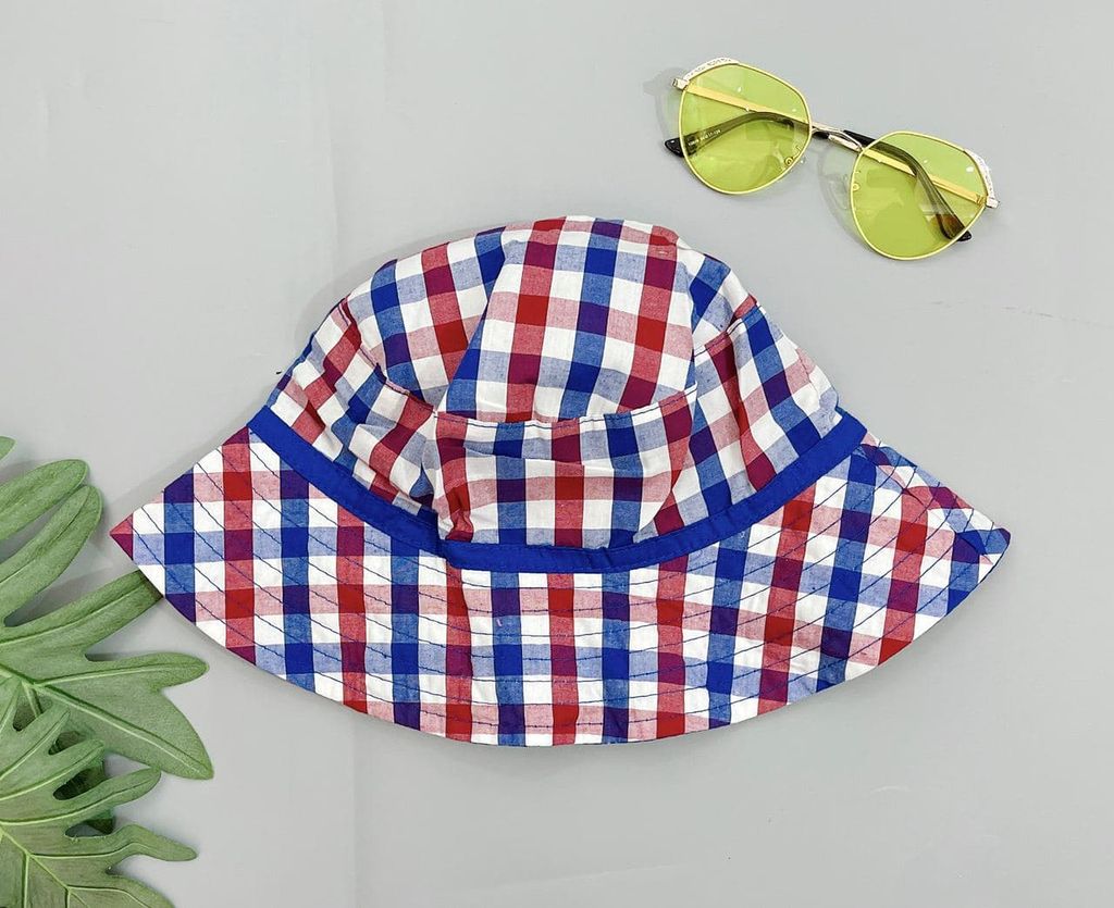 Nón Vành Tròn Chống Nắng Bé Gái - Caro Xanh Đỏ
