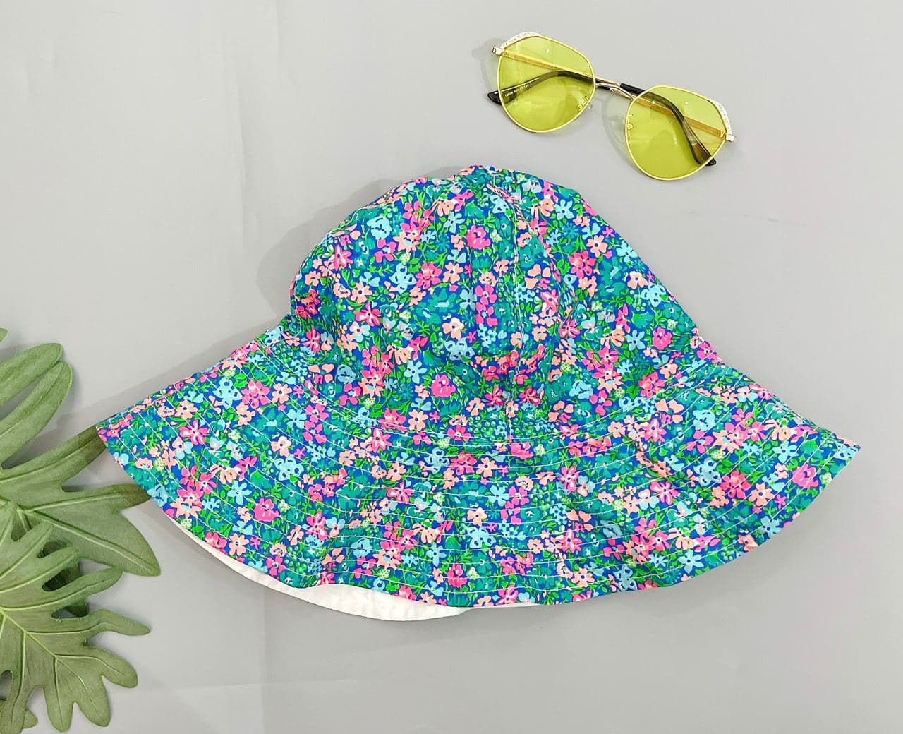 Nón Vành Tròn Chống Nắng Bé Gái - Xanh Hoa Màu