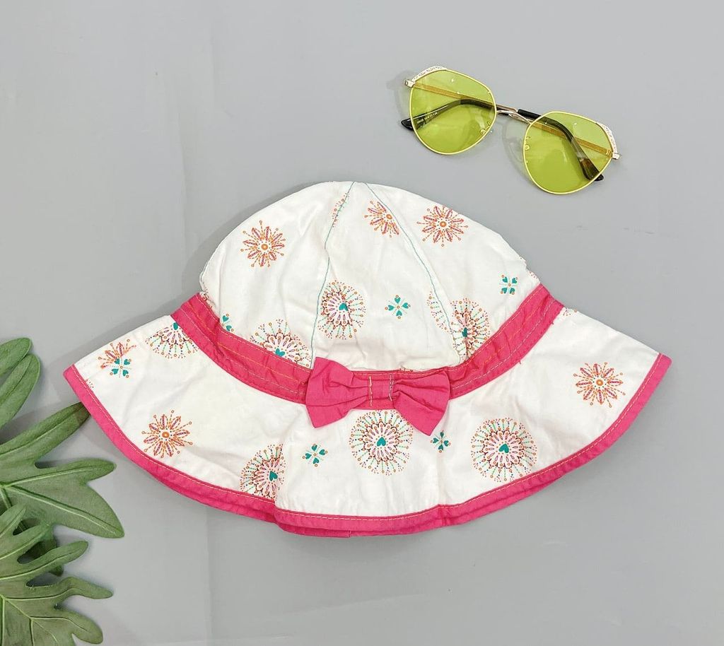 Nón Vành Tròn Chống Nắng Bé Gái - Trắng Họa Tiết Cam