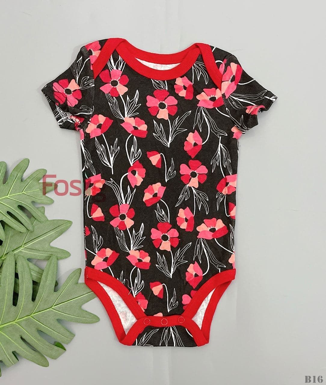  [6m-9m; 12-18m] Bodysuit Tay Ngắn Bé Gái CK - Đen Hoa Hồng 