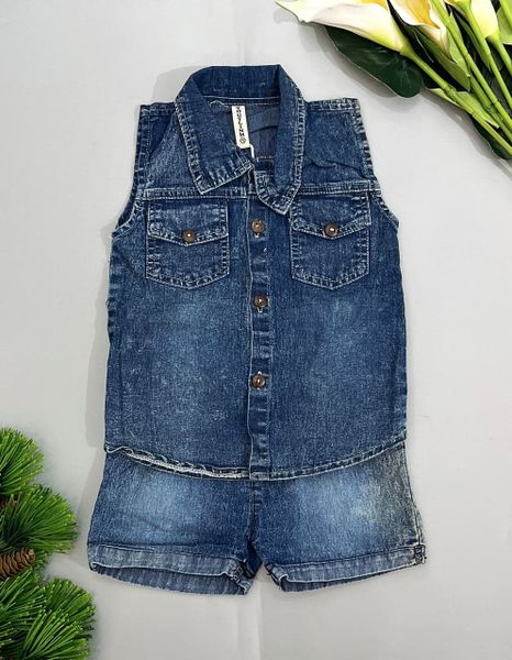  [12-13kg; 15-26kg] Set Đồ Bộ Jean 3 Lỗ Bé Trai - Xanh Jean 