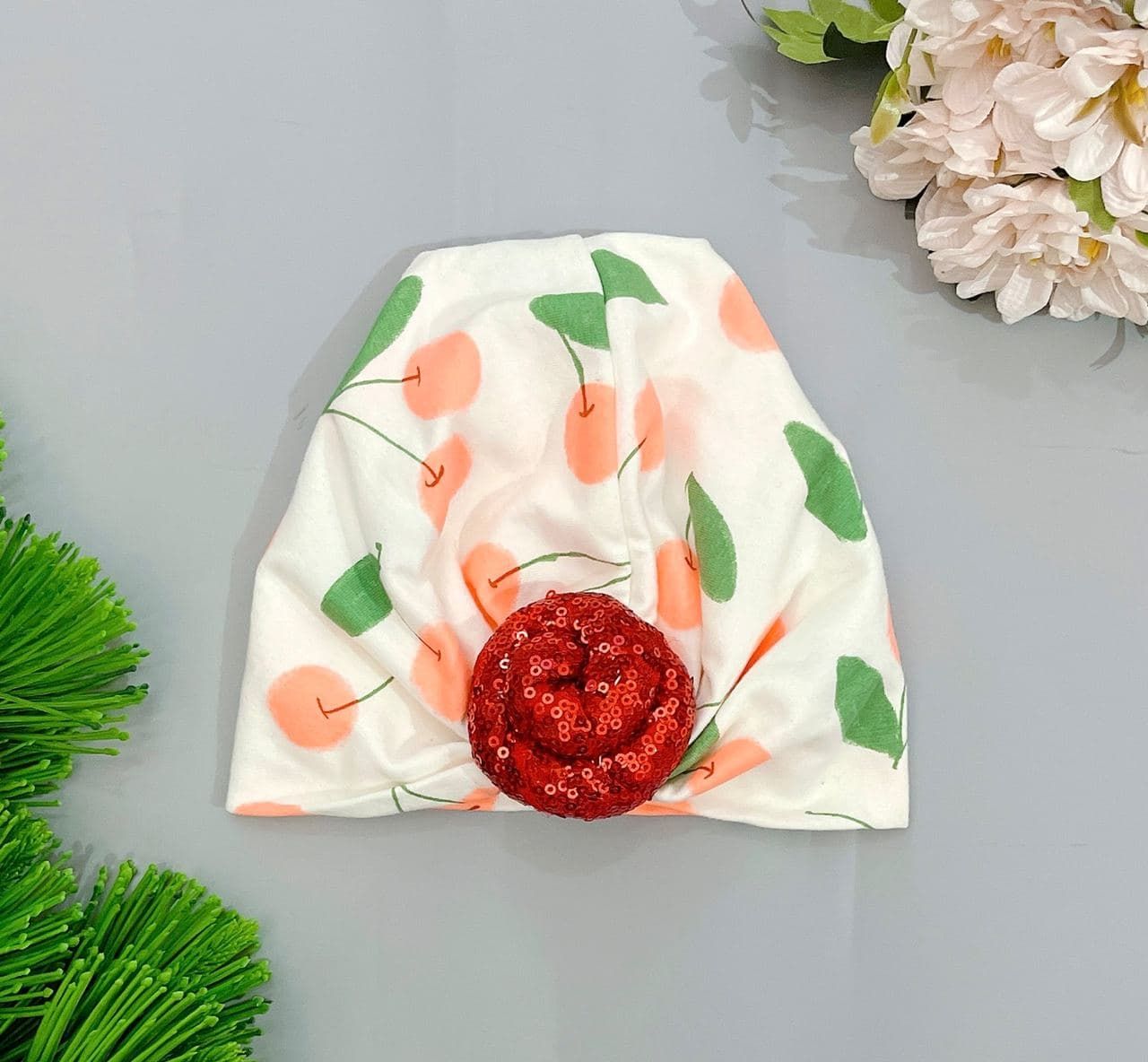 Nón Thun Bé Gái - Trắng Cherry Cườm