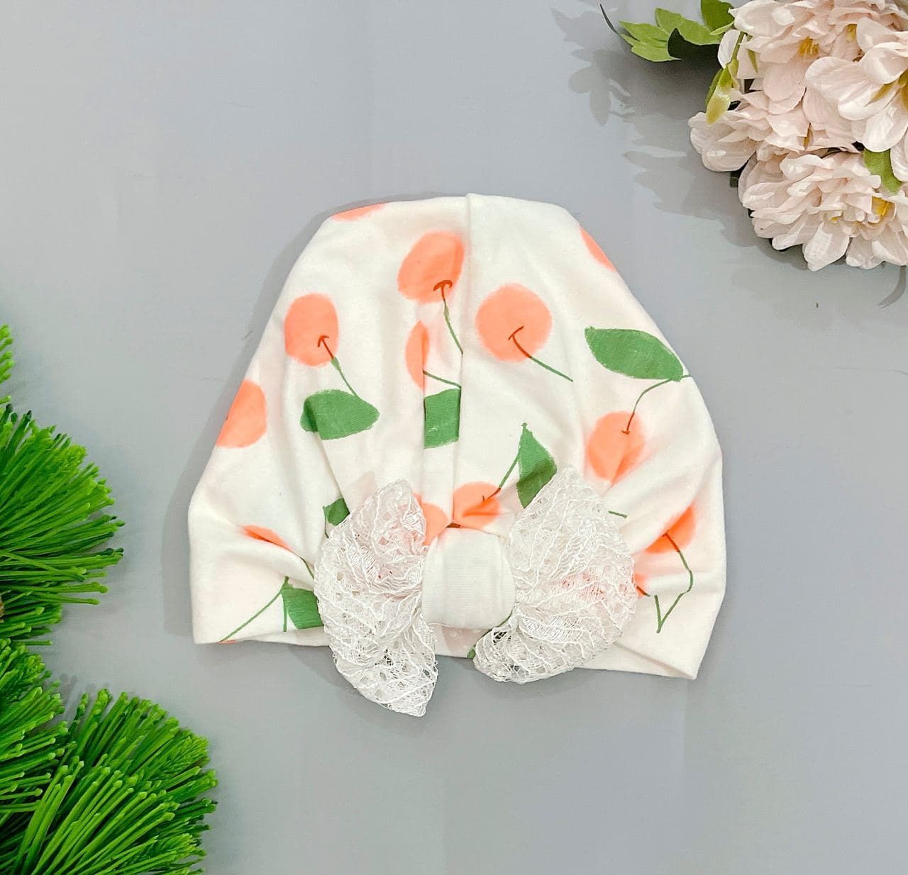 Nón Thun Bé Gái - Trắng Cherry Nơ Ren