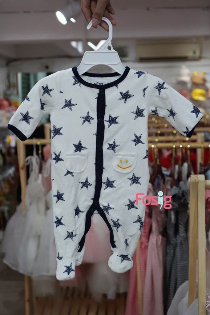  [0-Nb] Sleepsuit Nỉ Có Vớ Bé Trai - Trắng Sao Navy 