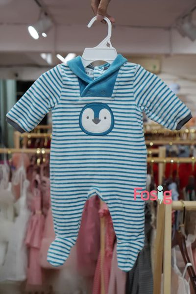  [0-3m] Sleepsuit Nỉ Có Vớ Bé Trai - Sọc Xanh Cánh Cụt 