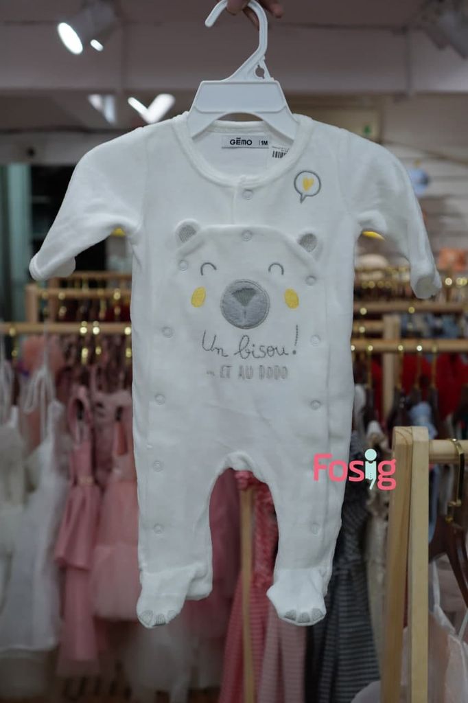  [0-Nb] Sleepsuit Nỉ Có Vớ Bé Trai - Trắng Gấu 