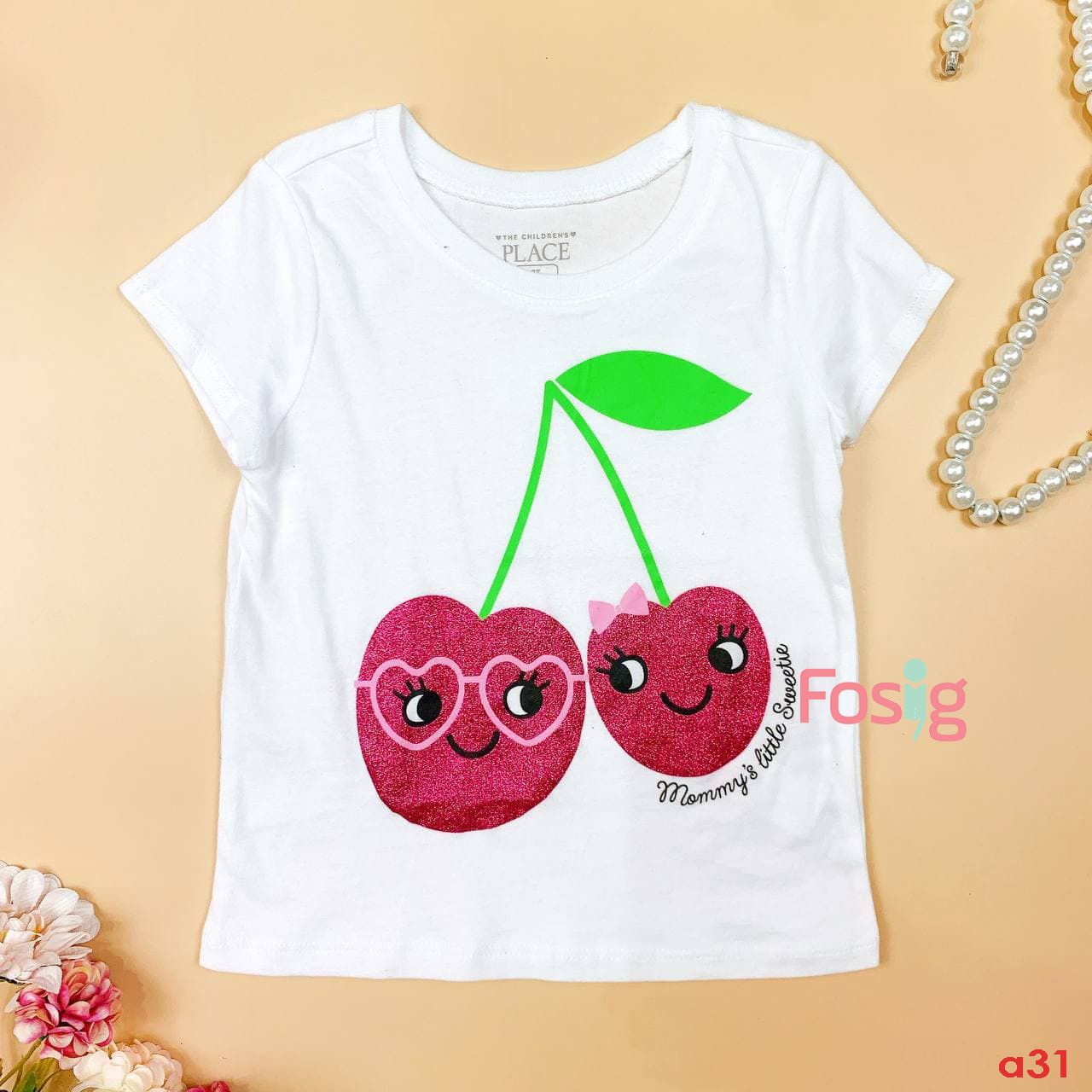  [11-12kg; 14-15kg] Áo Thun Tay Ngắn Bé Gái PL APBG - Trắng Cherry 