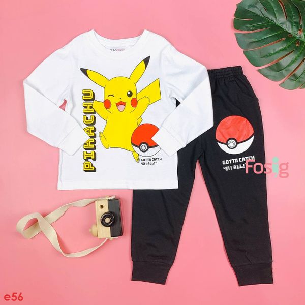  [11-12kg] Set Đồ Bộ Dài Bé Trai HM - Trắng Pikachu 