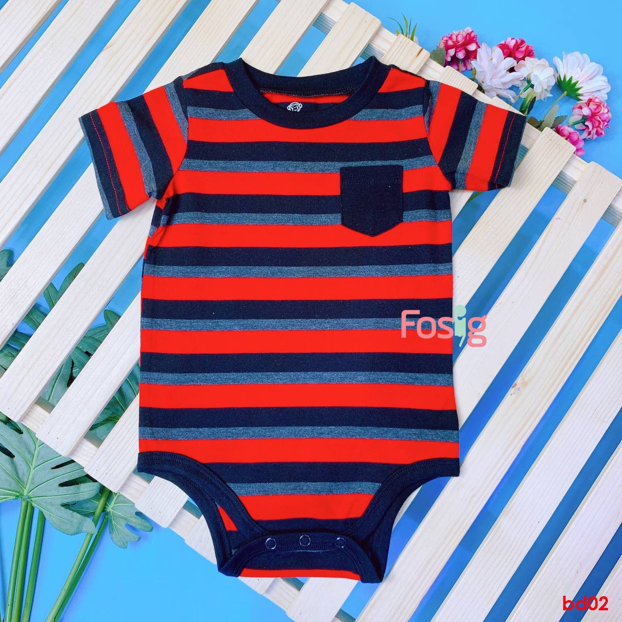  [3-6m] Bodysuit Tay Ngắn Bé Trai OD - Sọc Đen Đỏ 