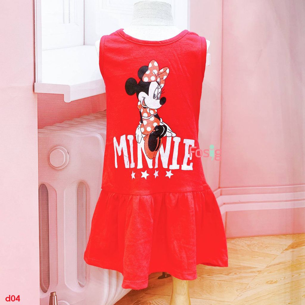  [11-12kg] Đầm Cotton Sát Nách Bé Gái HM - Đỏ Nhạt Mickey 