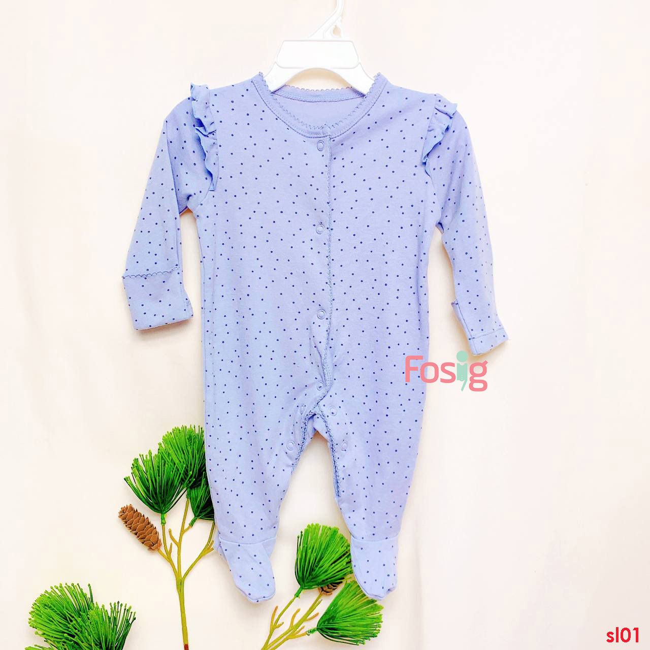  [3m] Sleepsuit Cúc Bấm Có Vớ Bé Gái - Xanh Xám Chấm 