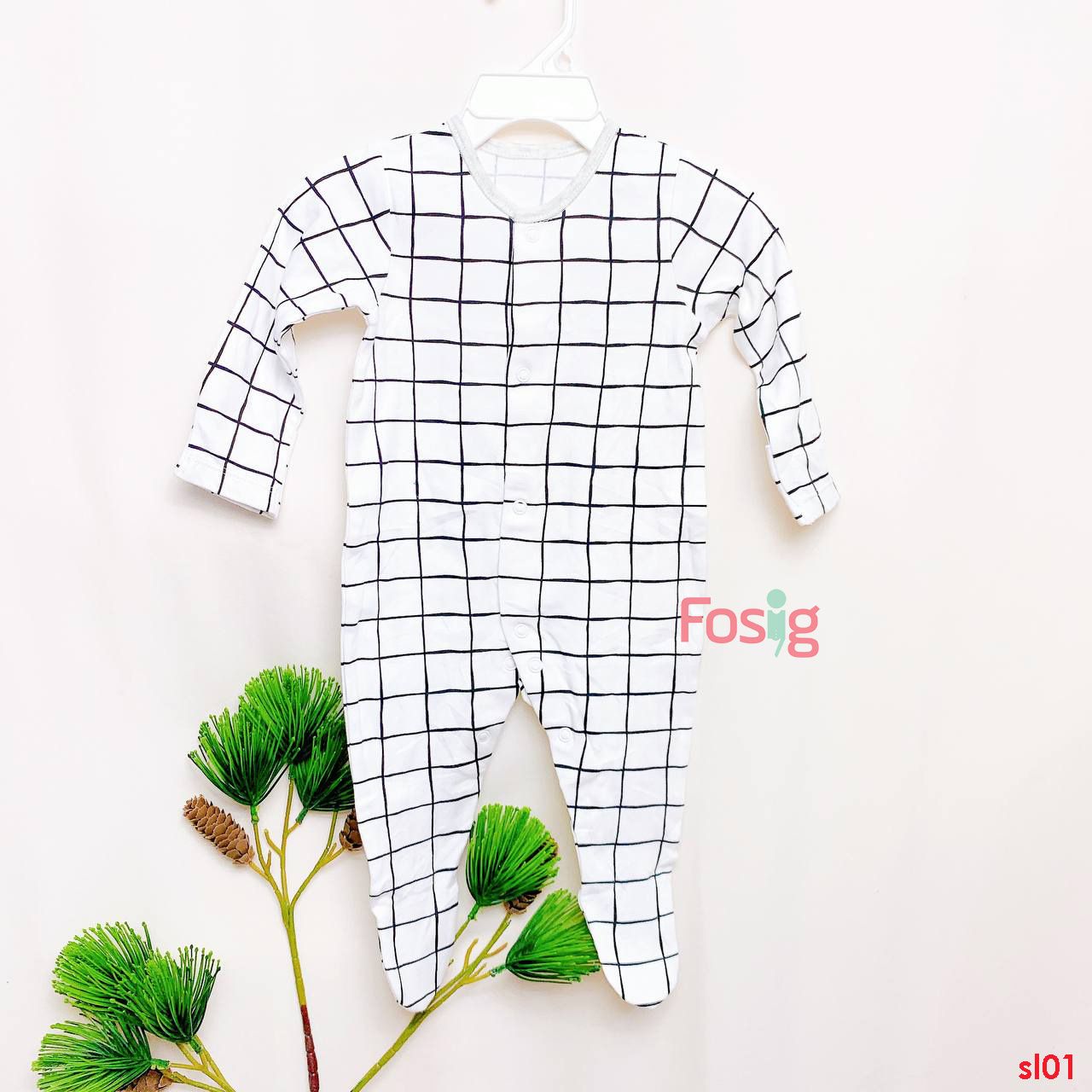  [3m] Sleepsuit Cúc Bấm Có Vớ Bé Trai - Trắng Caro Đen 