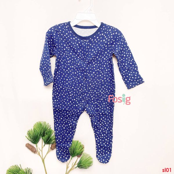  [6m] Sleepsuit Cúc Bấm Có Vớ Bé Gái Geo - Navy Tim Trắng 