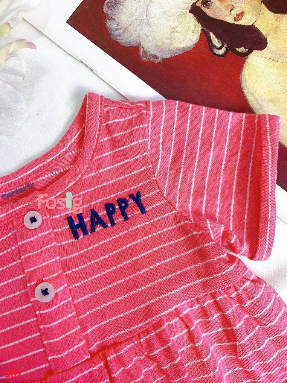  [3-6m] ĐầmThun Cotton Tay Ngắn Bé Gái Cter - Sọc Hồng Happy 