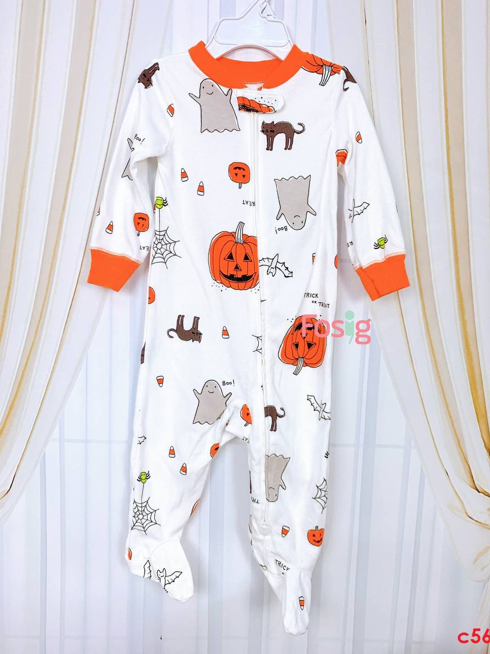  [3-9m] Sleepsuit Khóa Kéo Có Vớ Bé Trai Cter - Trắng Halloween 