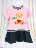  [18-23kg] Đầm Tay Ngắn Cho Bé Gái - Hồng Teddy Xanh 