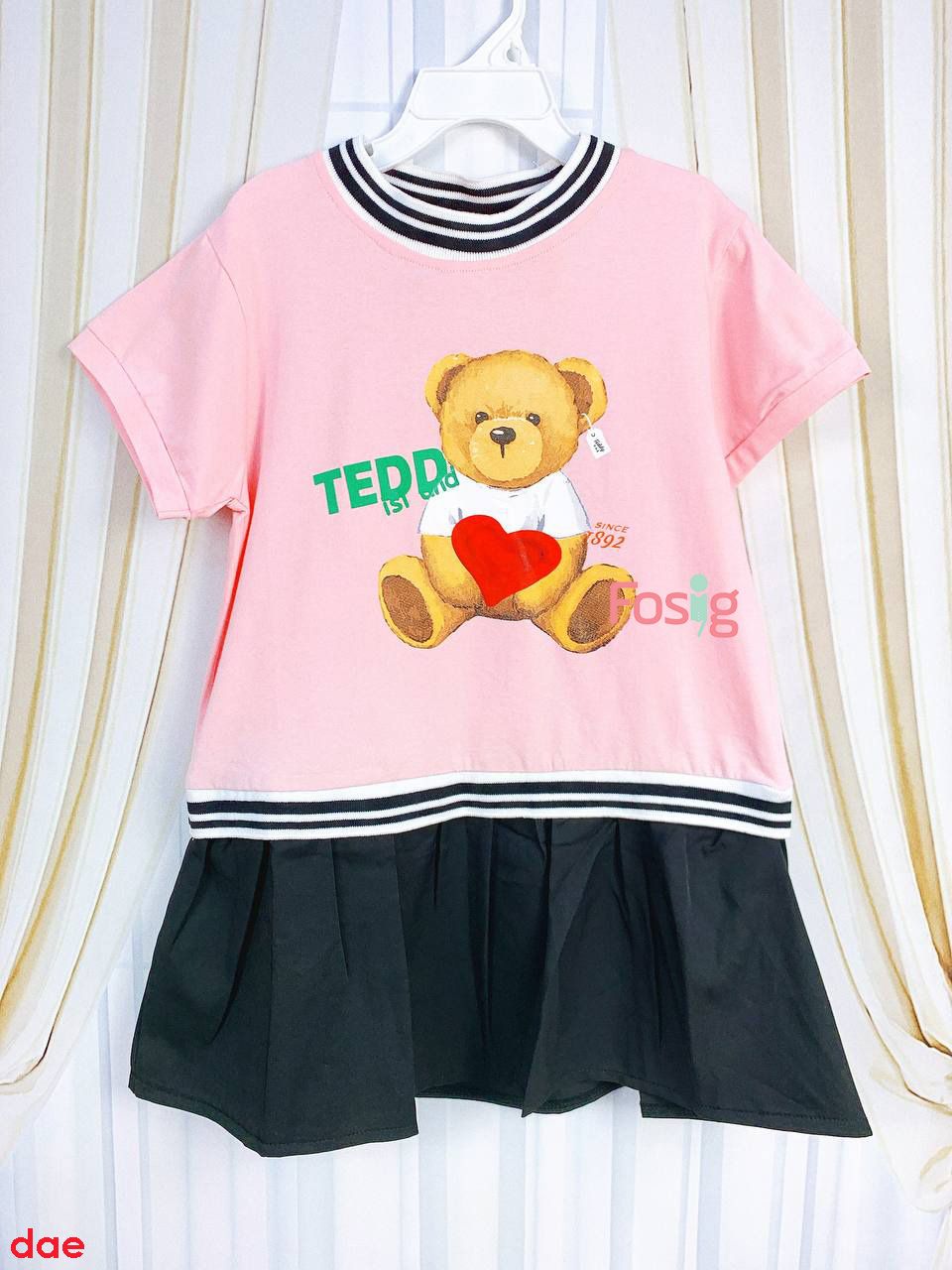  [18-23kg] Đầm Tay Ngắn Cho Bé Gái - Hồng Teddy Xanh 