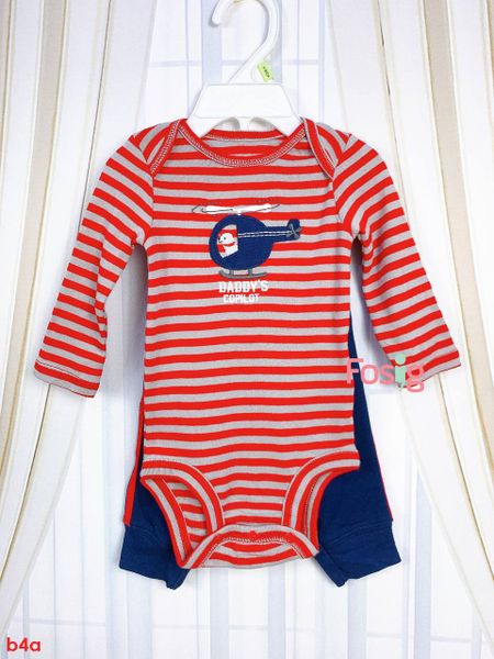  [0-3m] Set Bodysuit Và Quần Bé Trai Cter - Sọc Đỏ Trực Thăng 