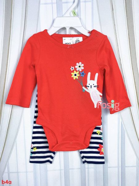  [0-3m] Set Bodysuit Và Quần Bé Gái Cter - Đỏ Hoa Thỏ 