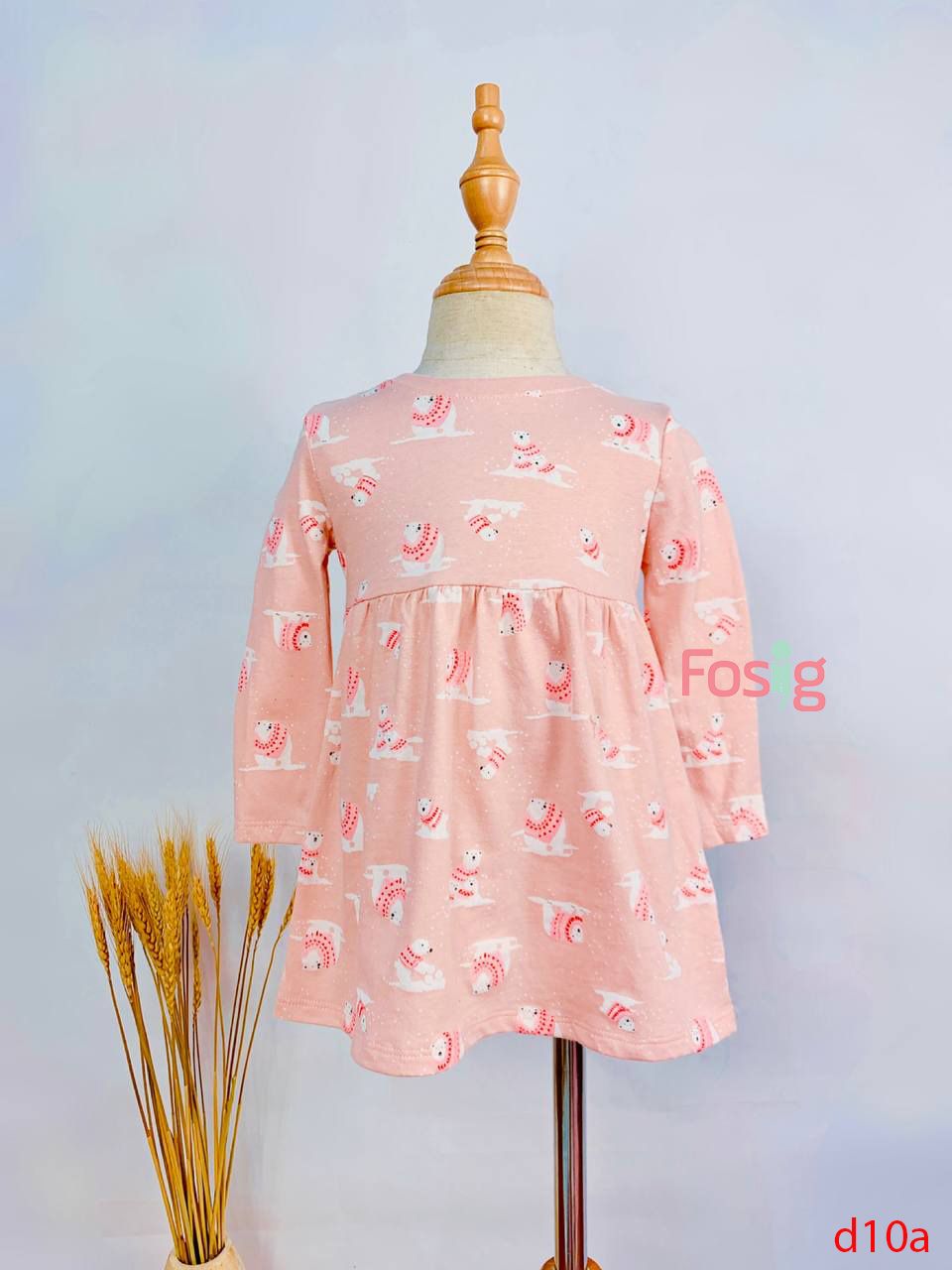  [9-10kg; 15-16kg] Đầm Thun Cotton Tay Dài Bé Gái ON - Hồng Gấu Trắng 