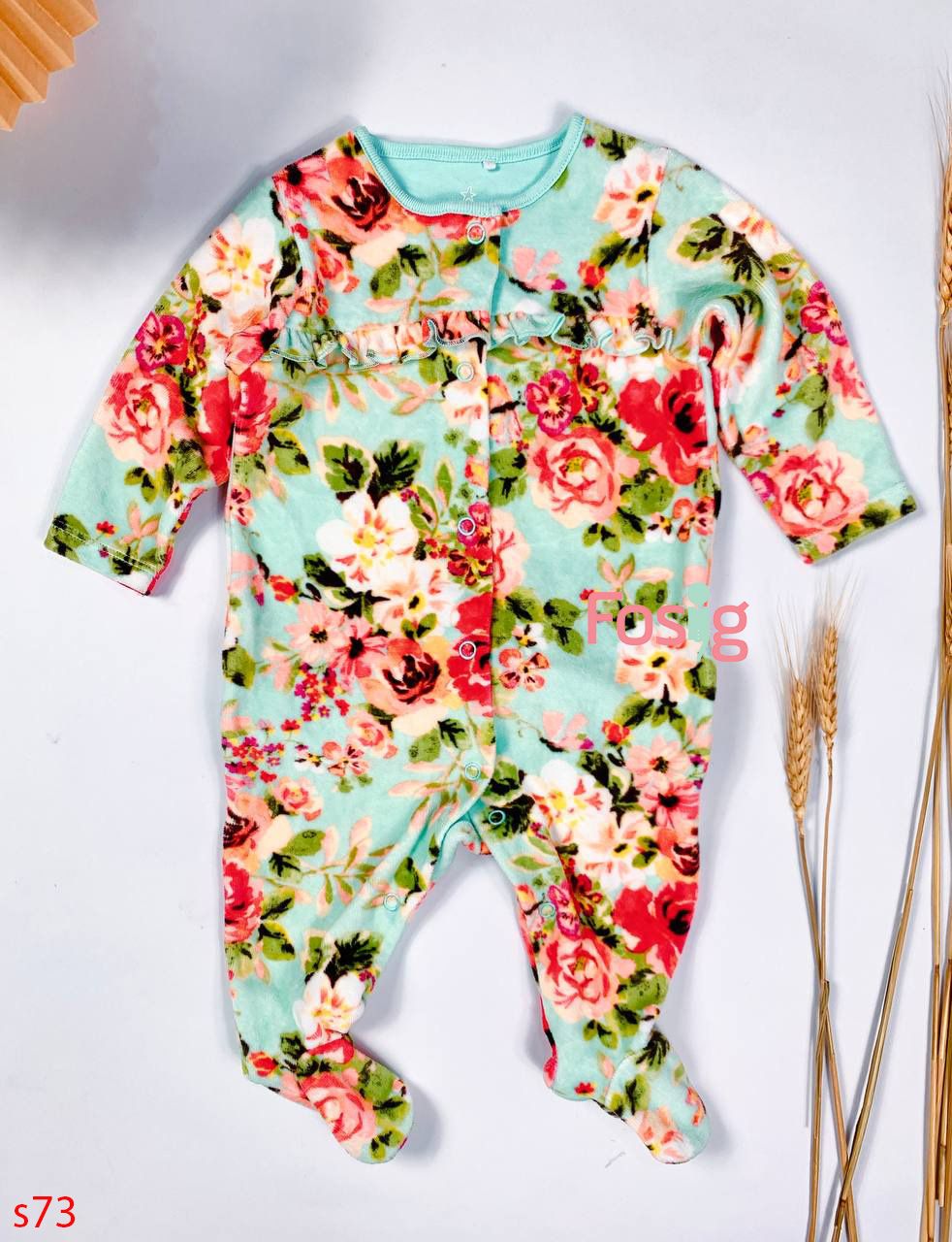  [nb-6m] Sleepsuit Baby nỉ nhung bé gái Xanh nxt Ngọc Hoa Hồng 