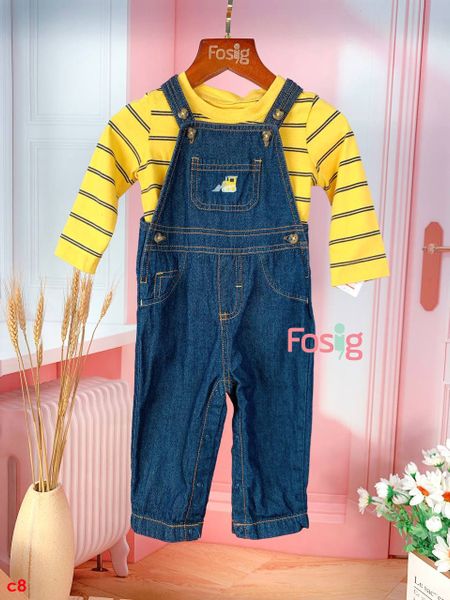  [0-9m] Set Yếm Bé Trai Cter - Xanh Jean Vàng Sọc Xanh Navy 