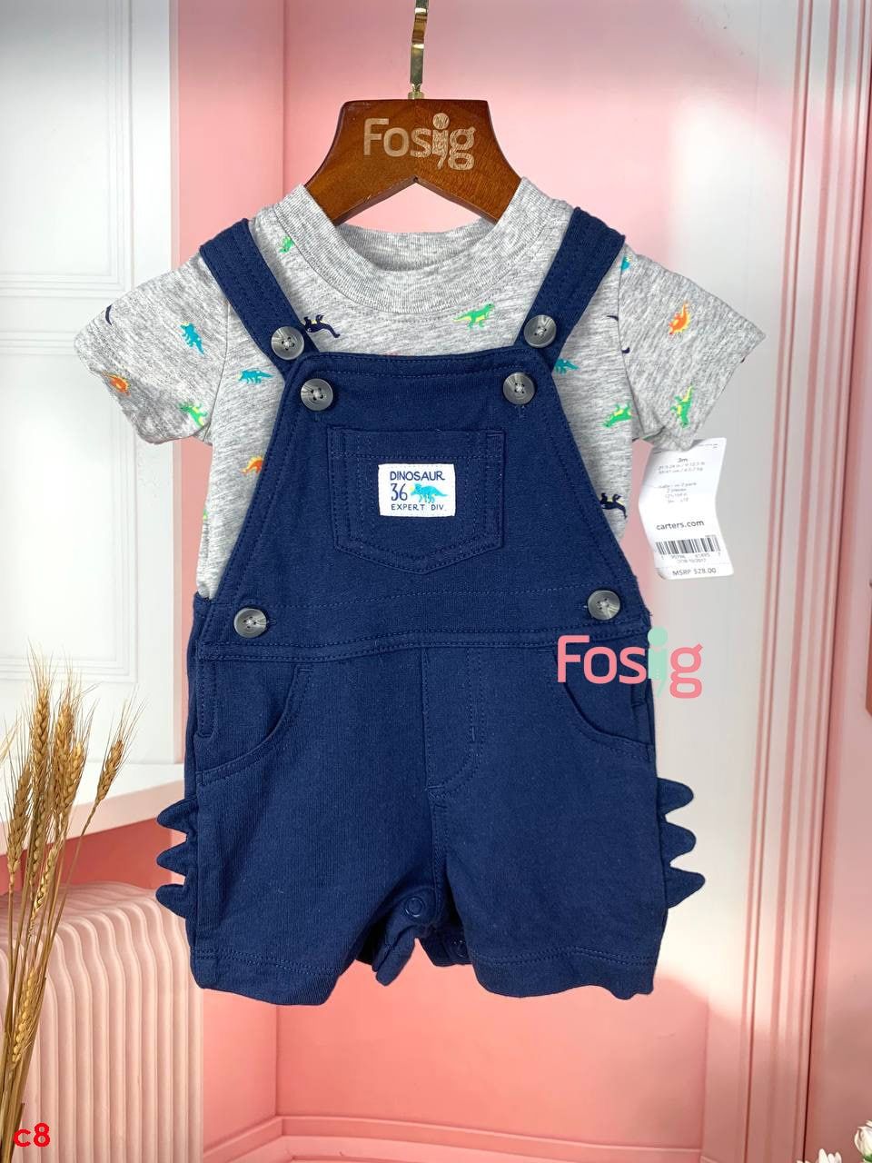  [0-6m] Set Yếm Bé Trai Cter - Xanh Navy Xám Khủng Long 