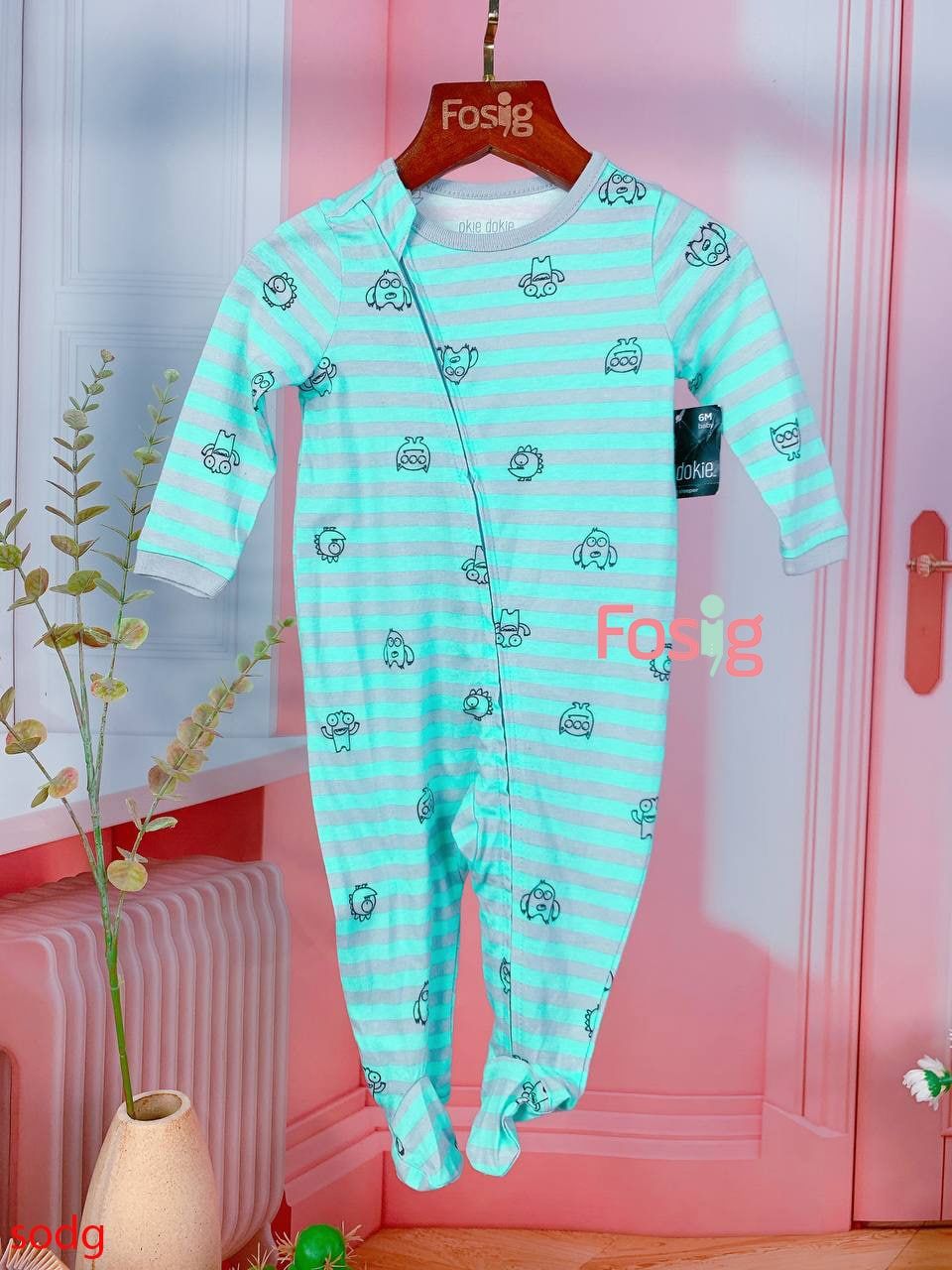  [3-6m] Sleepsuit Khóa Kéo Có Vớ OK Bé Trai - Xanh Ngọc Sọc Xám 