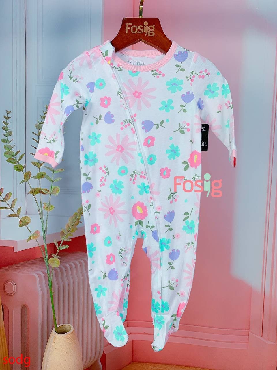  [0-6m] Sleepsuit Khóa Kéo Có Vớ Bé Gái - Trắng Hoa Màu 