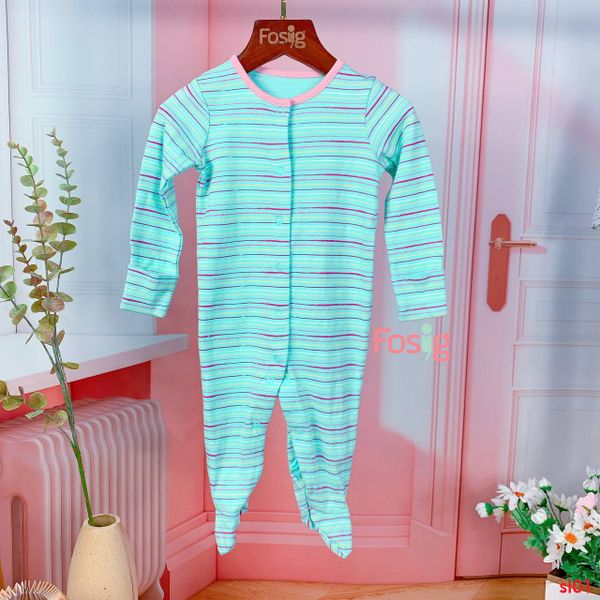  [6m] Sleepsuit Có Vớ Bé Gái - Xanh Sọc Đỏ Vàng 