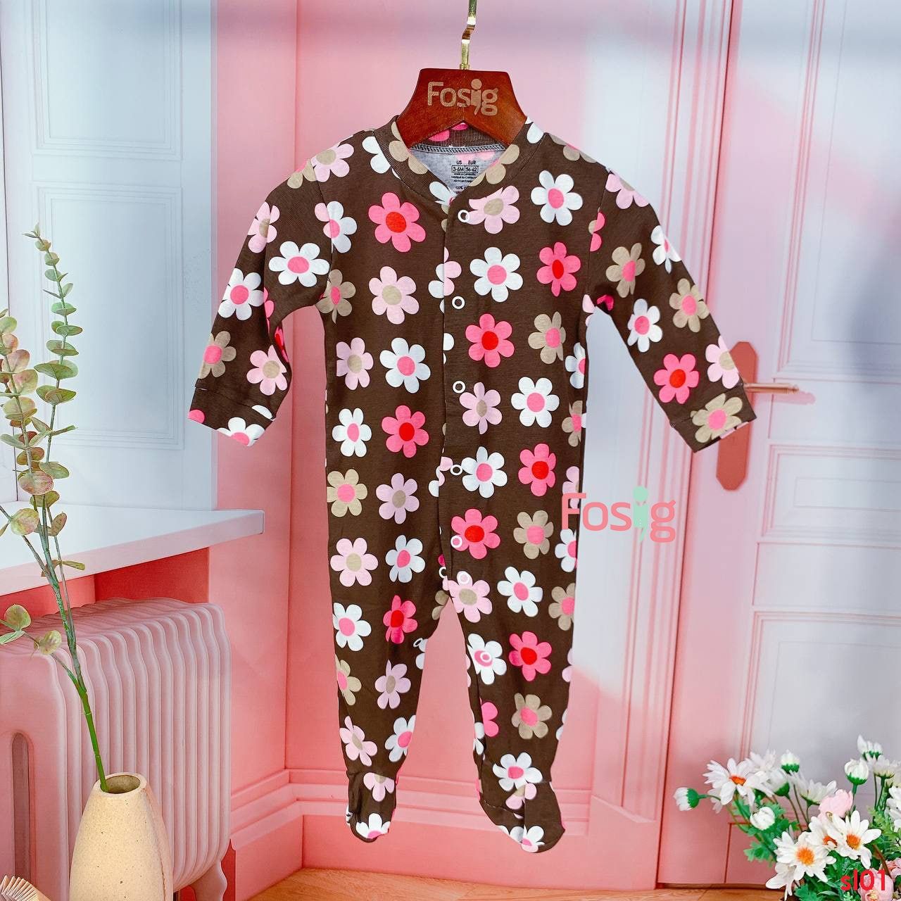  [6m] Sleepsuit Có Vớ Bé Gái - Nâu Hoa Màu 