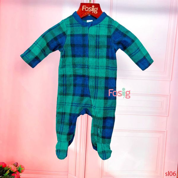  [0-3m] Sleepsuit Nỉ Có Vớ Bé Trai ON - Xanh Lá Caro 