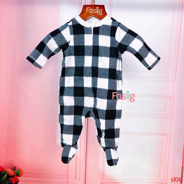  [0-6m] Sleepsuit Nỉ Có Vớ Bé Trai ON - Caro Đen Trắng 