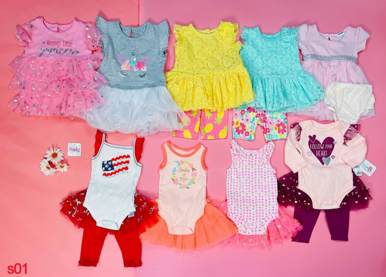  [3m-6m; 9-12m] Set Áo Váy Kèm Quần Bé Gái - Vàng Ren 