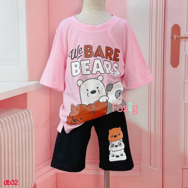  [14-15kg] Set Đồ Bộ Ngắn Bé Gái HM - Hồng Bare Bears 