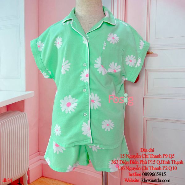  [16-17kg] Đồ Bộ Pijama Ngắn Bé Gái - Xanh Lá Hoa 