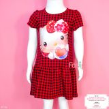  [17-18kg] Đầm Tay Ngắn Bé Gái HM130 - Caro Đỏ Hello Kitty 