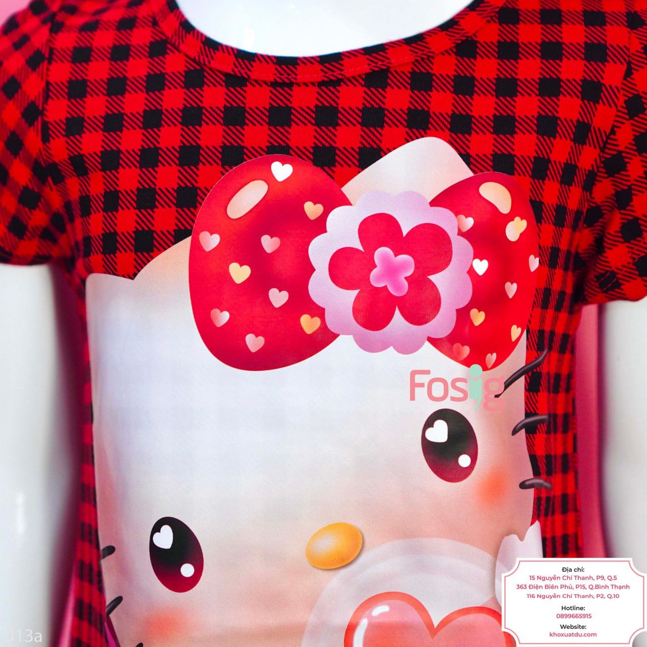  [17-18kg] Đầm Tay Ngắn Bé Gái HM130 - Caro Đỏ Hello Kitty 