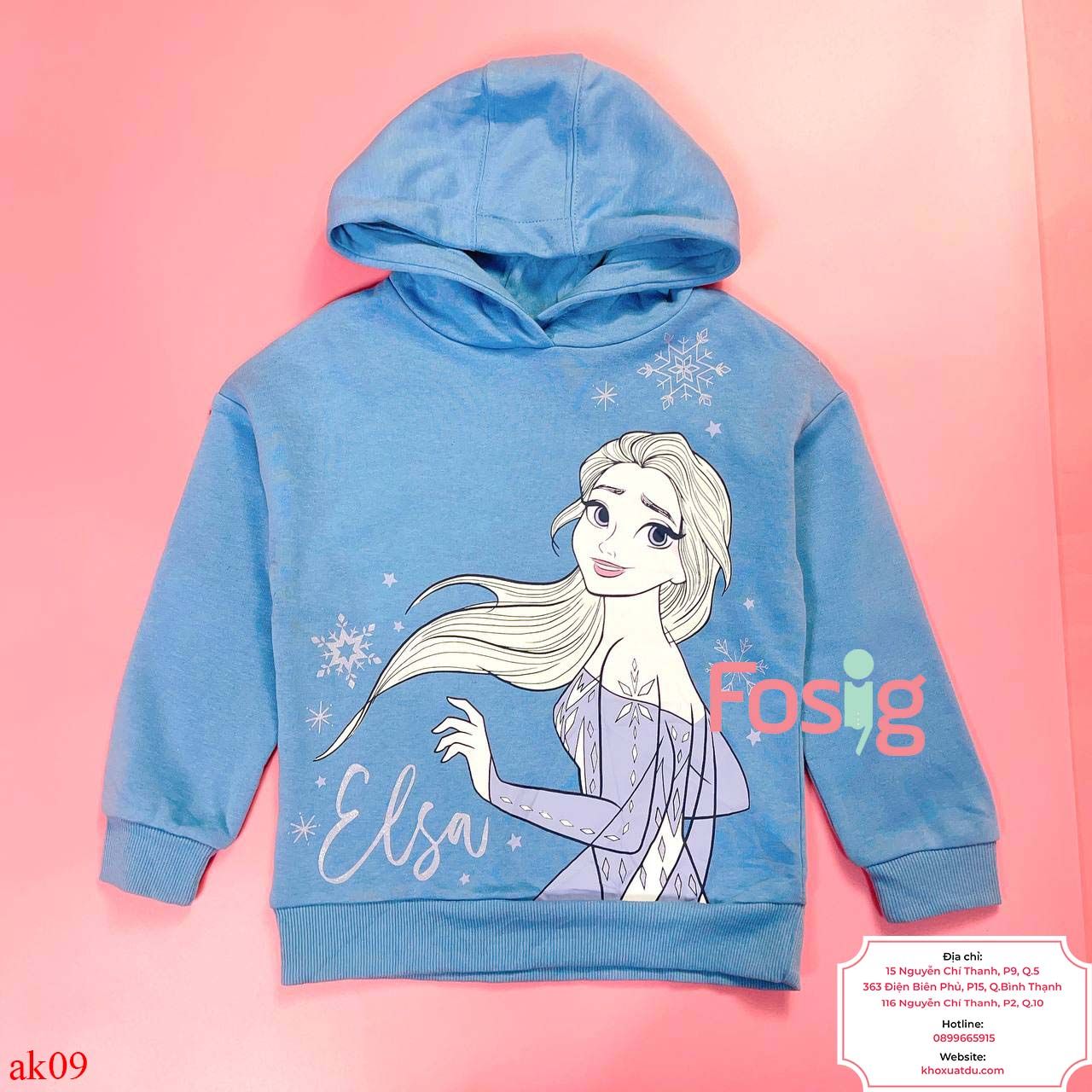  [15-17kg] Áo Hoodie Nỉ PM Bé Gái - Xanh Xám Elsa 