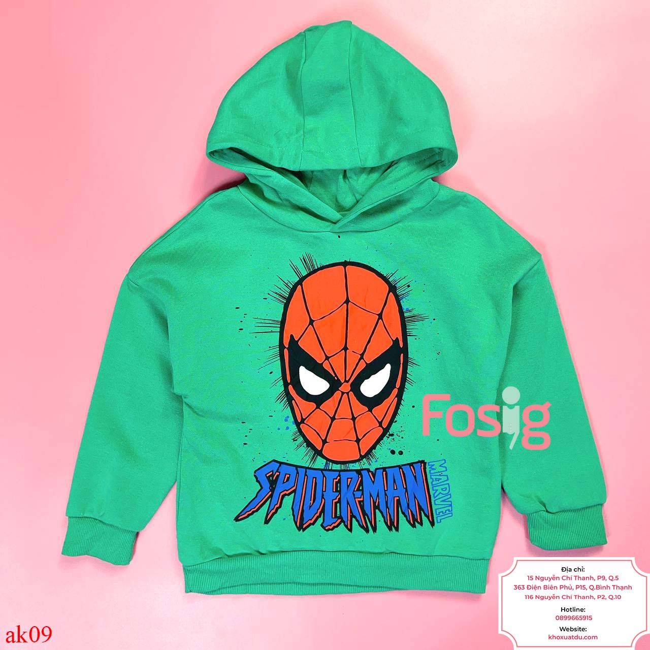  [13-19kg] Áo Hoodie Nỉ PM Bé Trai - Xanh Lá Spider Man 