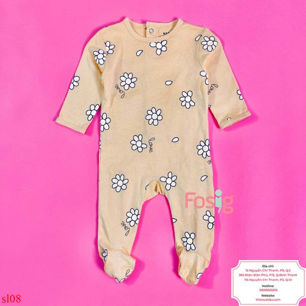  [0-3m ; 9-10kg] Sleepsuit Cúc Bấm Có Vớ KB Bé Gái - Vàng Hoa Trắng 