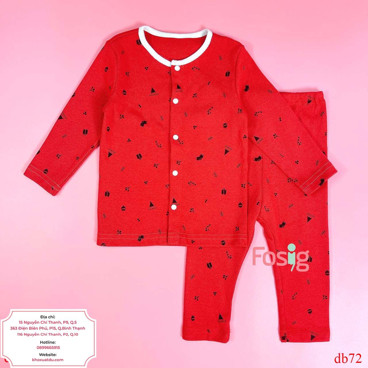  [11-12kg] Set Đồ Bộ Dài Xuất Hàn Unisex - Đỏ Cúc Trắng 