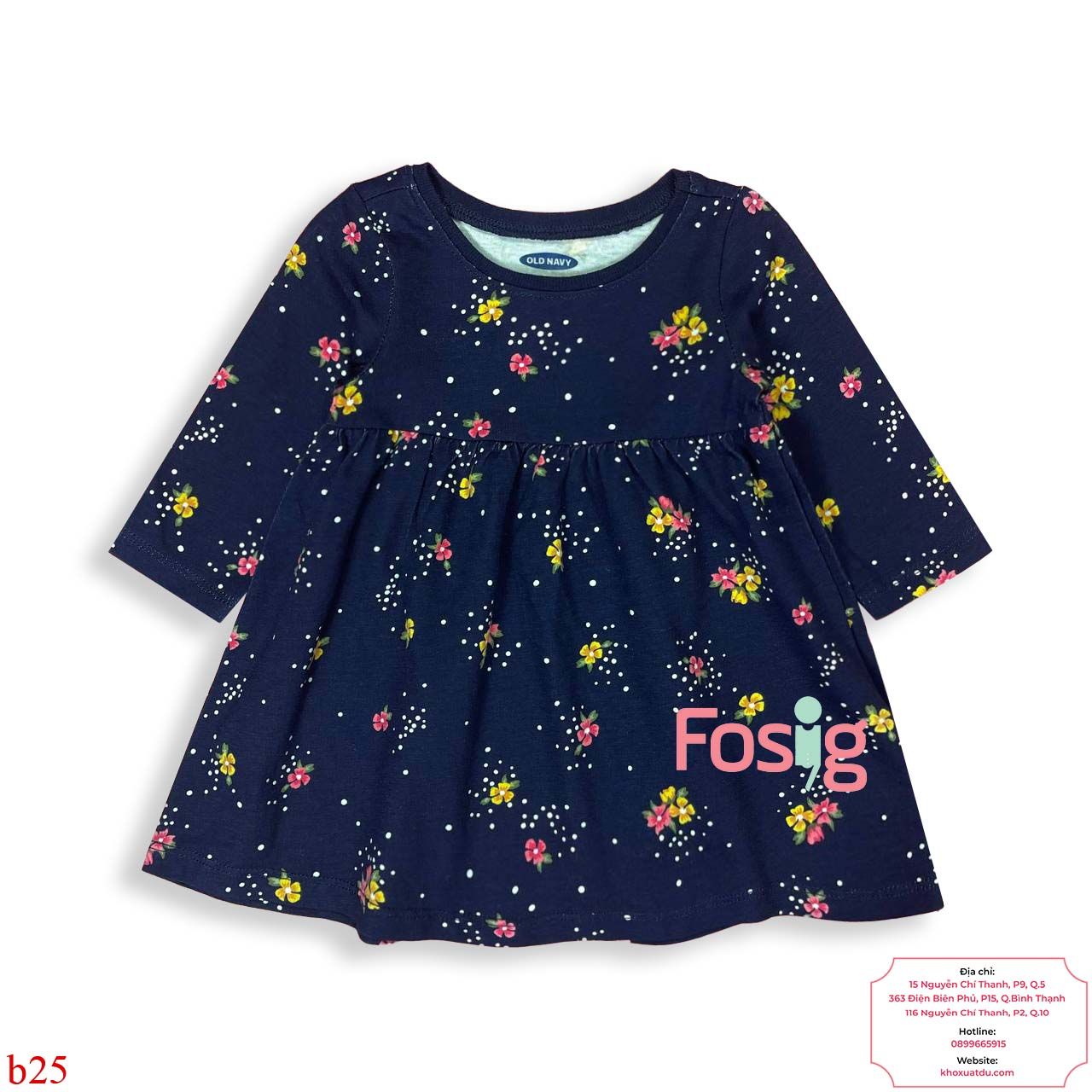  [3m-24m ; 4t-5t] Đầm Cotton Tay Dài Bé Gái ON - Navy Hoa Chấm 