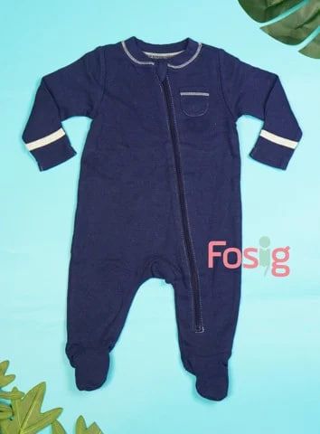  [0-3M] Sleepsuit Khóa Kéo Có Vớ Bé Trai ON - Navy Chỉ Trắng 